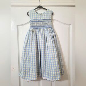 Strasburg‎ Blue Gingham Smocked Dress With Small Floral Embroidery Detail